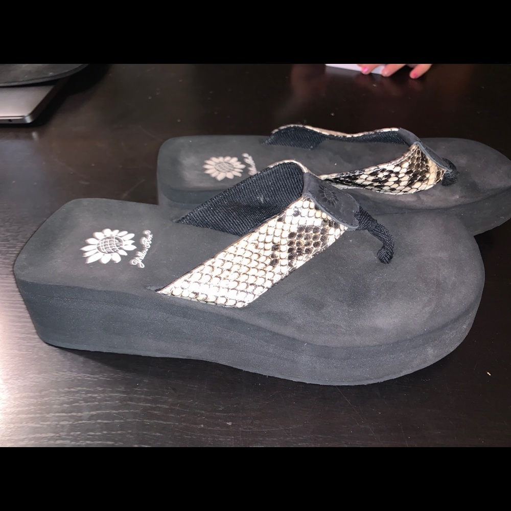 Yellow Box faux snakeskin wedge sandals